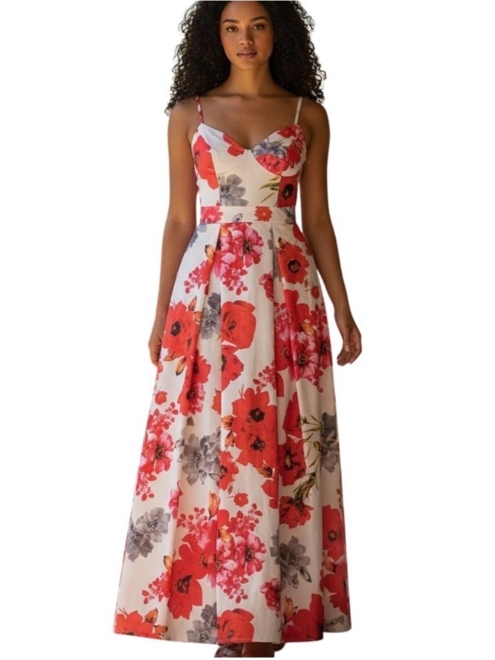 B. Smart Red and White Floral Spaghetti-Strap Maxi Dress